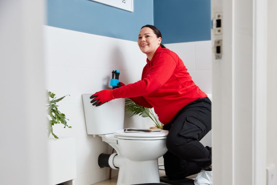 A homeserve engineer fixing a toilet overflow pipe