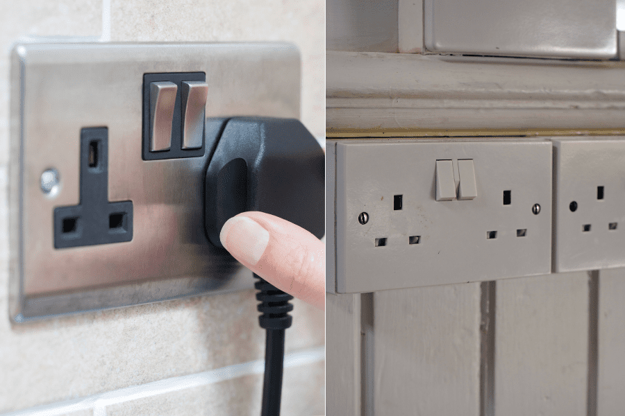 Image showing the difference between flush sockets, which sit level with the wall and mounted sockets which rest on the surface.