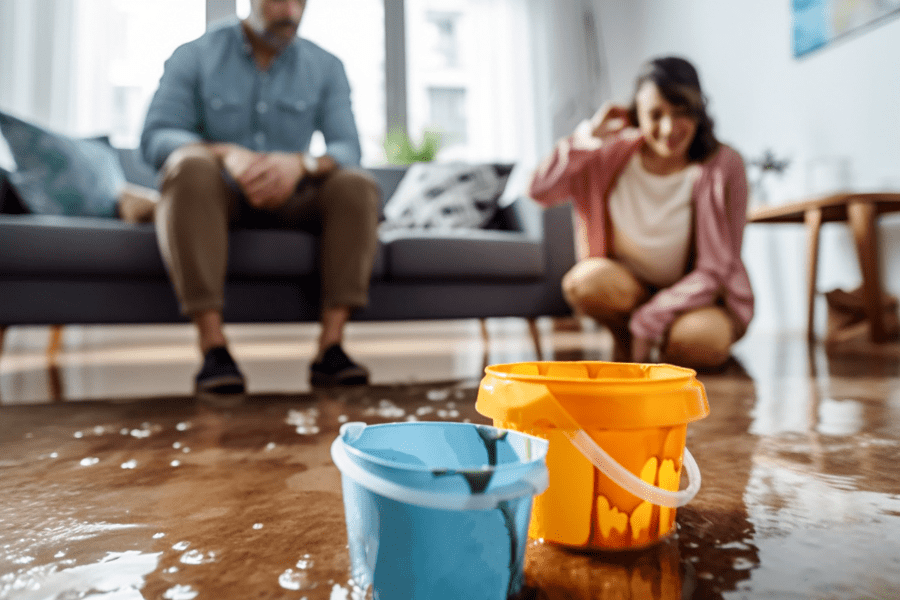 A couple suffering from a burst pipe in their home. The floor is waterlogged and old buckets have been used to scoop the water up.