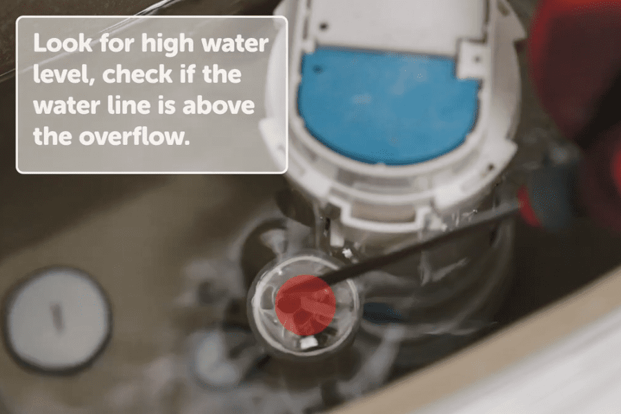 An image of inside a toilet cistern showing water rising over an overflow pipe in a toilet that keeps running