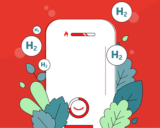 A graphic depicting a hydrogen boiler on a red background
